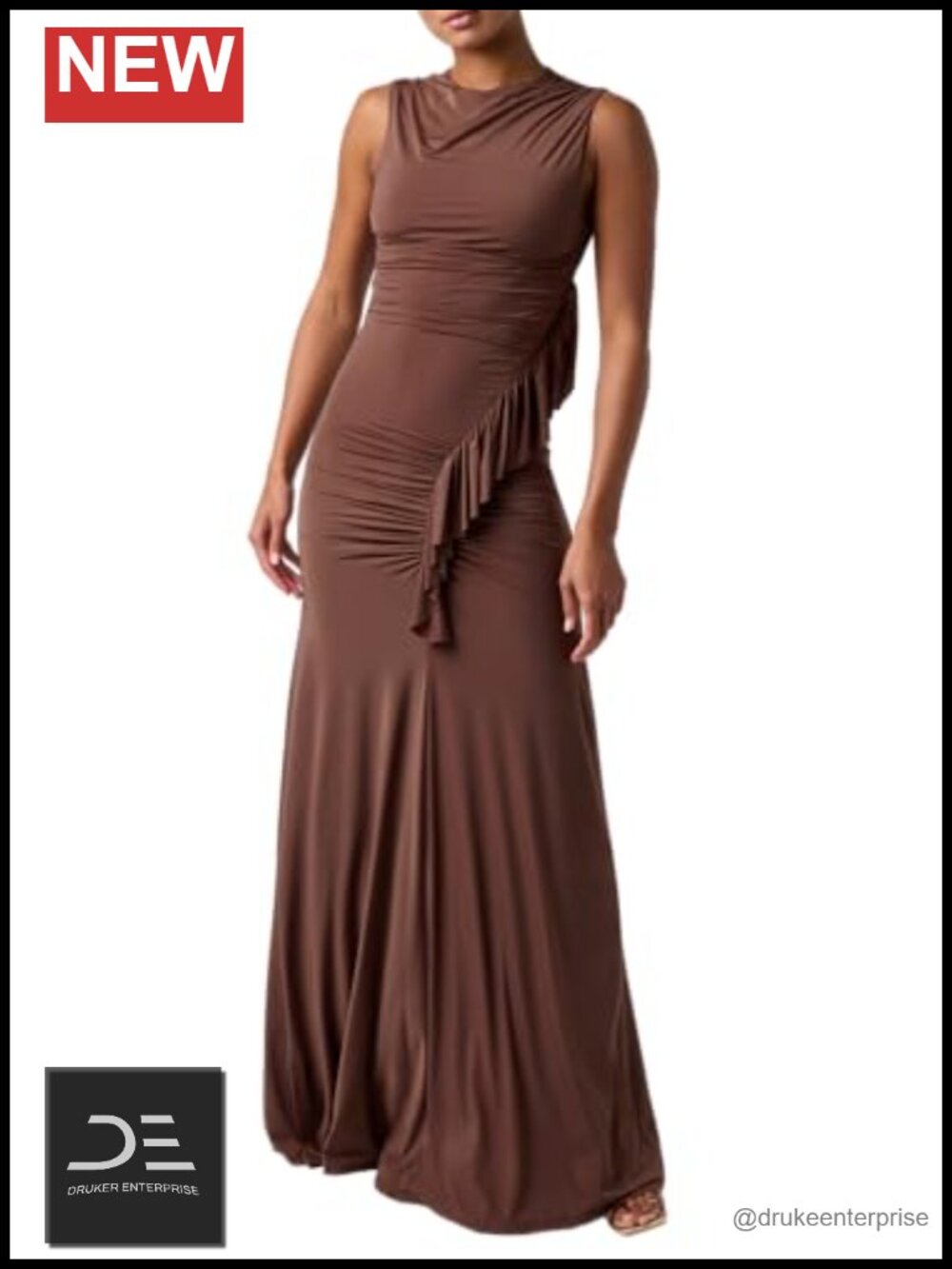 Rasha Ruffle Front Jersey Maxi Dress Formal Bodycon Sleeveless Fitted